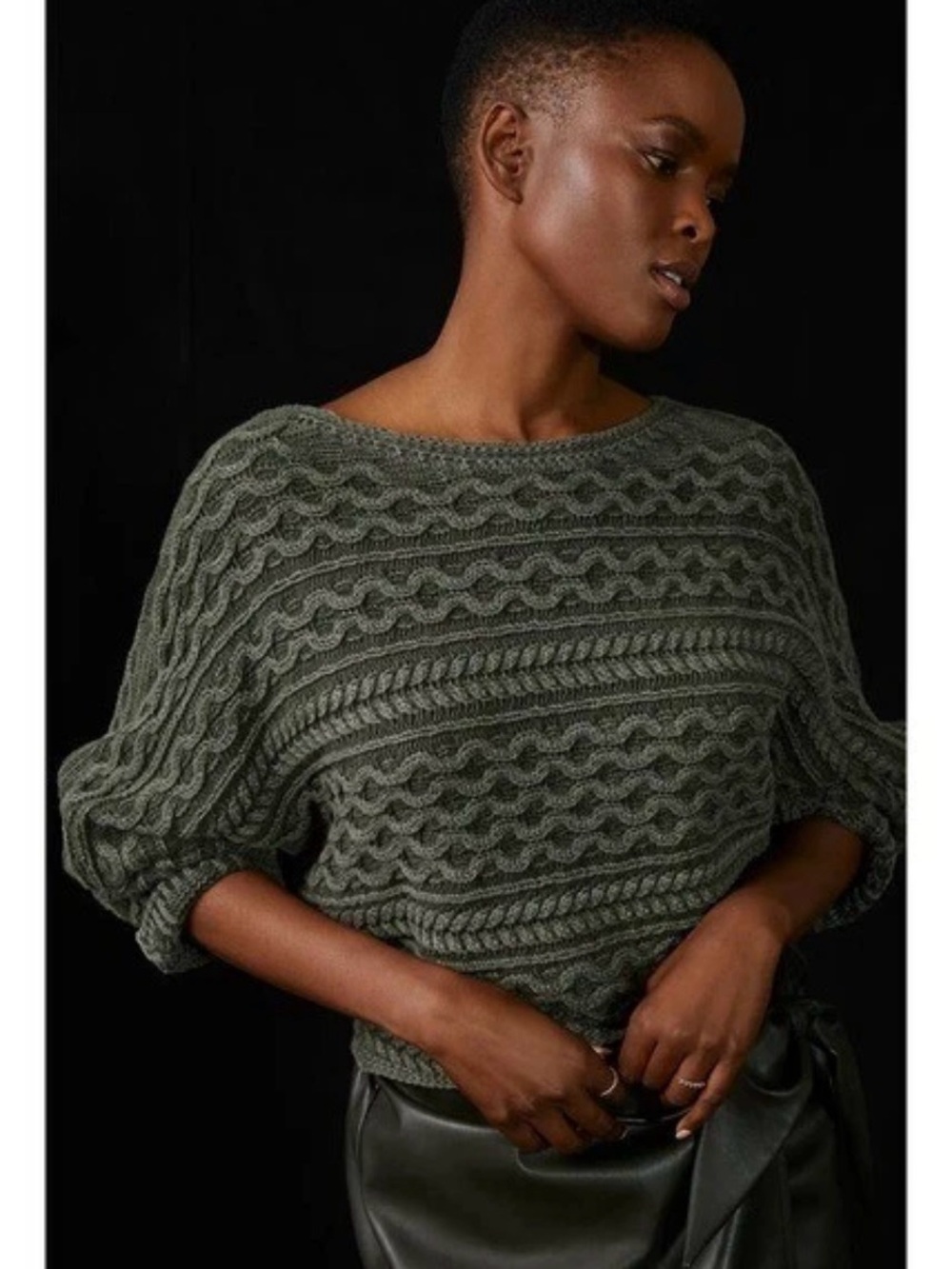 Anthropologie Pilcro Micro Fisherman Sweater 1X‎ Green Chunky Cable Knit